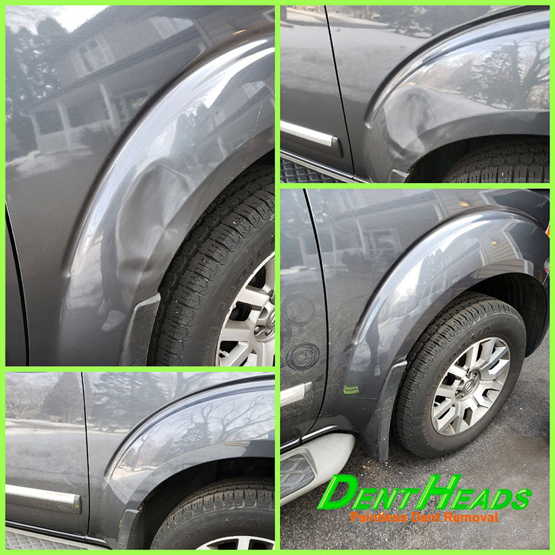 Before & After collage of a dent near the wheel of a vehicle.